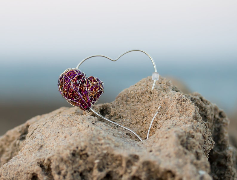 Red Heart earrings Mismatched Heart hoop earrings Heart jewelry Long Statement earrings Contemporary Wire sculpture art Unique gift for her image 5