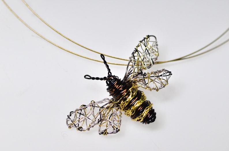 Wire Bee necklace, Sculpture art pendant, Unique Insect jewelry unusual gift for her image 1