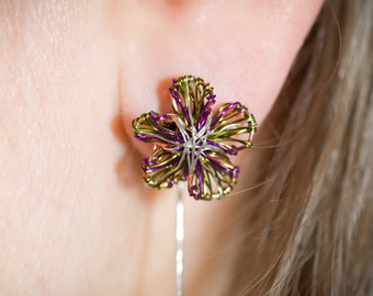 Purple art flower earrings threader, Wire sculpture delicate jewelry, Botanical stud earrings artsy