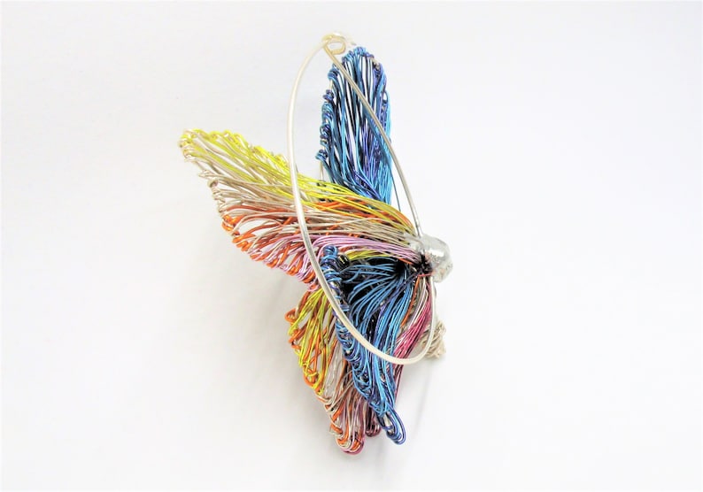 modern hippie jewelry large brooch mothers gift Summer Rainbow butterfly brooch statement blue silver insect wire sculpture art