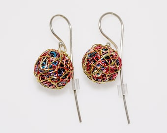 Wire sphere earrings colorful, Ball drop earrings art sculpture modern, Gold rainbow earrings short dangle