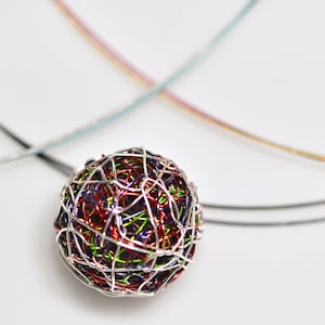 Sphere necklace art, Wire sculpture artist-made jewelry, Purple blue and red ball pendant artsy gift