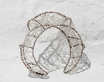 Silver Wire Cuff Bracelet · Sculptural Geometric Bangle · Contemporary Art Jewelry