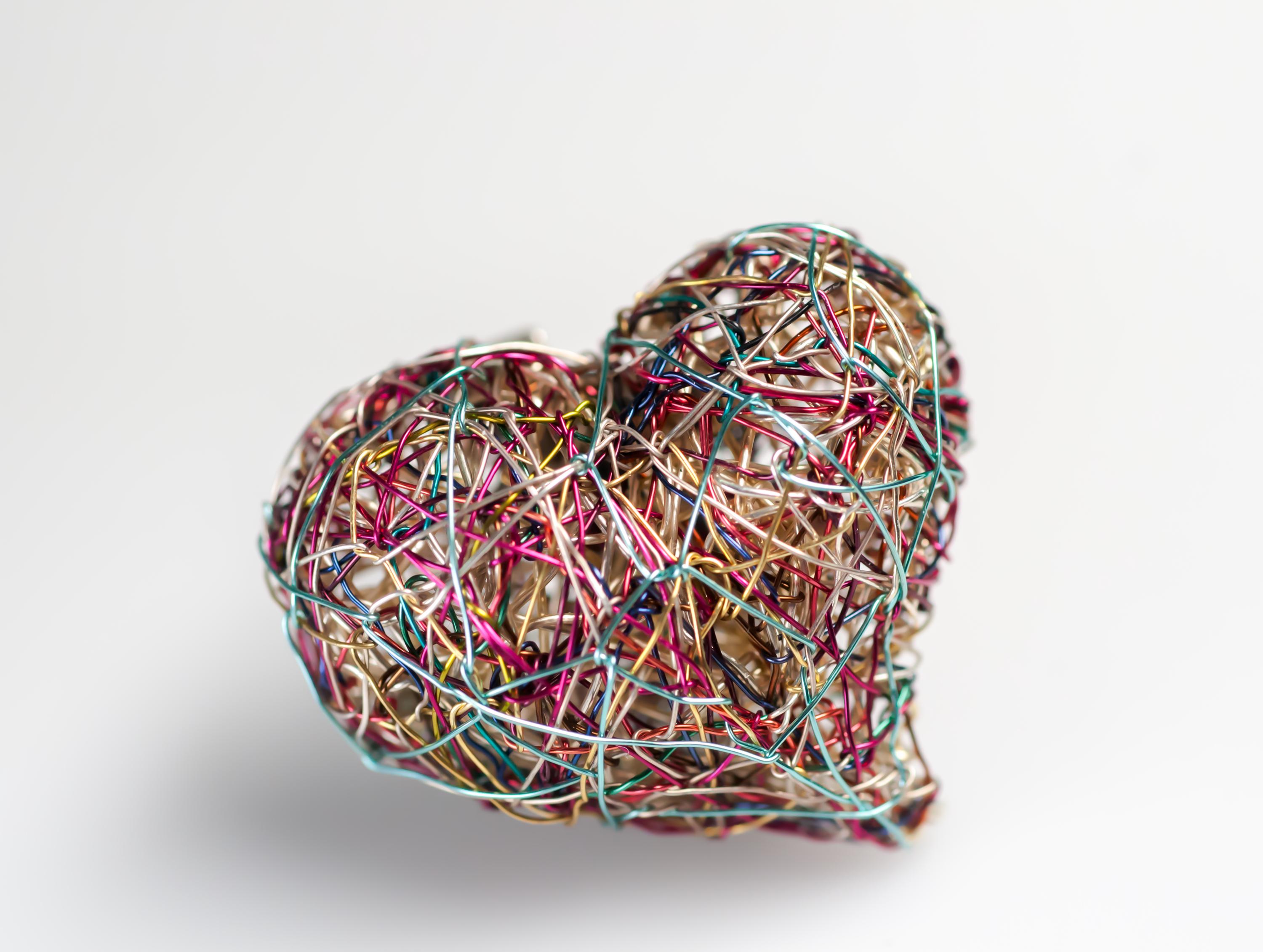 Wire art sculpture rainbow heart ring, Unusual artist jewelry, Love ring statement anniversary gift