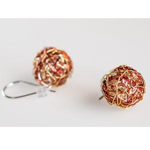 Wire sphere earrings artsy gold colored, Minimal sculpture art jewelry, Women&#39;s short ball earrings dangle