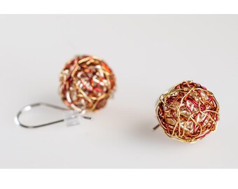 Wire sphere earrings artsy gold colored, Minimal sculpture art jewelry, Women&#39;s short ball earrings dangle