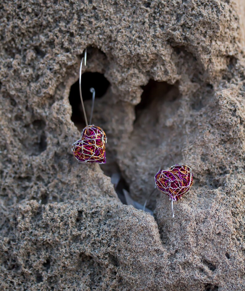 Red Heart earrings Mismatched Heart hoop earrings Heart jewelry Long Statement earrings Contemporary Wire sculpture art Unique gift for her image 4