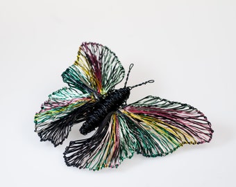 Wire art sculpture Black green butterfly brooch, Colorful Insect contemporary unusual jewelry