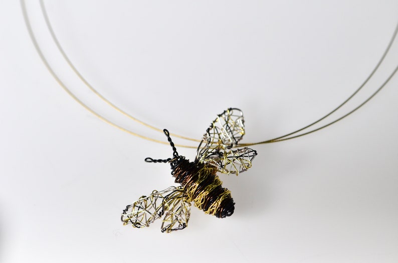 Wire Bee necklace, Sculpture art pendant, Unique Insect jewelry unusual gift for her image 2