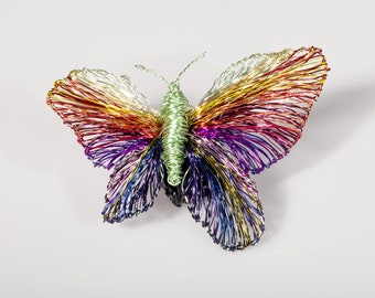 Rainbow butterfly pin, Wire sculpture butterfly brooch art colorful, Large insect brooch bug