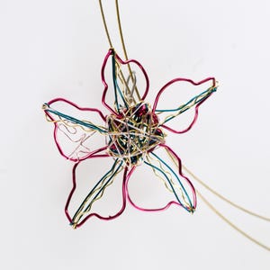 Wire art flower necklace, Sculpture artist jewelry, Pink turquoise blossom pendant modern minimal