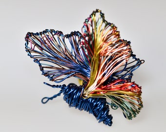 Wire art Blue orange butterfly brooch, Insect sculpture pin, Colorful unusual art jewelry