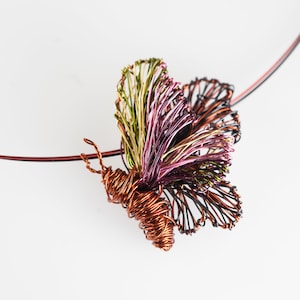 Orange brown butterfly necklace art sculpture jewelry, Bug necklace unique, Wire Insect necklace for her