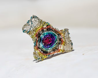 Colorful spiral ring, Wire sculpture maze contemporary art ring
