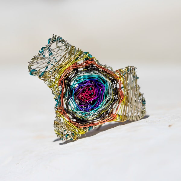 Colorful spiral ring, Wire sculpture maze contemporary art ring