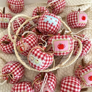 Op de afbeelding: Een verzameling rood-witte geruite stoffen appelornamenten met bruine stelen en decoratieve patches. Sommige appels zitten in een gevlochten mand, andere zijn verspreid. De patches tonen appelillustraties en het woord "apple".