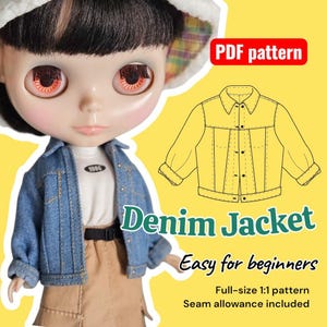 May include: A doll in a blue denim jacket, white shirt, and tan shorts. A yellow diagram of a denim jacket is shown, along with the text "Denim Jacket Easy for beginners". The image also includes the text "PDF pattern".