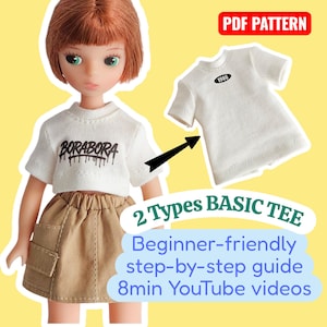 May include: A doll wearing a white crop top with "BORABORA" printed on it and a khaki skirt. A second white tee shirt with "1986" printed on it is shown. The image includes text that says "PDF PATTERN" and "2 Types BASIC TEE".
