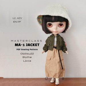 May include: A doll with short dark hair wearing a white fuzzy bucket hat, an olive green bomber jacket, a striped shirt, and a tan cargo skirt. Text reads: LV. ADV EN/JP MASTERCLASS MA-1 JACKET PDF Sewing Pattern Obitsu22 Blythe Licca.