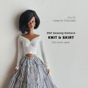 May include: A doll with short black hair wearing a white long-sleeve top and a black and white striped skirt. Text reads: EN/JP Video & Tutorials, PDF Sewing Pattern, KNIT & SKIRT, 11.5 inch doll. The doll has gold hoop earrings and brown skin.