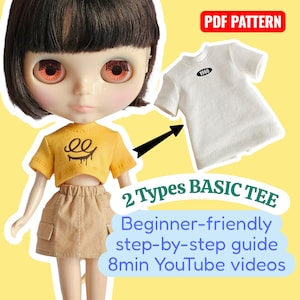May include: A doll wearing a yellow crop top with a black graphic and a tan skirt. A white t-shirt with "1986" printed on it is also shown. The image includes the text "PDF PATTERN" and "2 Types BASIC TEE".