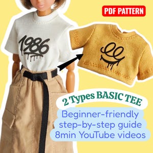 May include: A doll wearing a white t-shirt with "1986" printed in black, paired with a tan skirt and black belt. A yellow t-shirt with a black graphic is also shown. Text on the image reads "PDF Pattern" and "2 Types BASIC TEE".