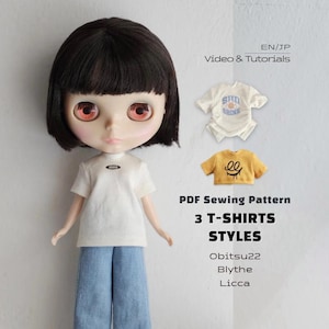 May include: A doll with dark brown hair and orange eyes wearing a white t-shirt with a 1986 oval logo and blue jeans. The image includes text for a PDF sewing pattern for 3 t-shirt styles for Obitsu22, Blythe, and Licca dolls with tutorials.