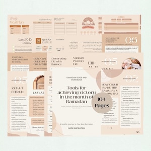 May include: A beige and pink Ramadan planner with various sections for meal planning, daily tasks, and reflection. The planner includes sections for Quran study, Eid celebrations, and achieving victory. It has 104 pages.