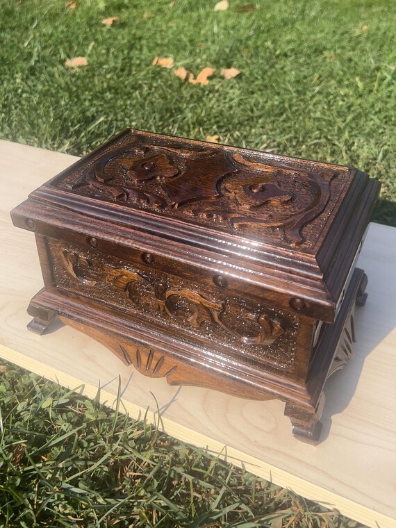Hand-Carved Walnut Jewelry Box with Hidden Lock • Velvet Lined Keepsake Chest-Handmade Walnut Storage Gift