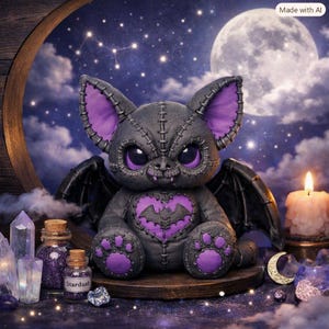 May include: A plush bat toy with dark grey fabric, purple inner ears, and purple paw pads. It features a purple heart patch on its chest with a small bat silhouette. The toy has visible stitching details, large dark eyes, and small fangs.