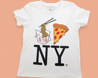 May include: A white short-sleeve t-shirt featuring a graphic of a takeout noodle box with chopsticks and a slice of pepperoni pizza above the large black text NY. The design is centered on the front of the shirt, showcasing food icons.