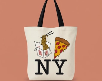 May include: A cream-colored canvas tote bag with black handles featuring a graphic of a white takeout container with noodles and chopsticks next to a slice of pepperoni pizza, with the large black capital letters NY printed below the graphics.