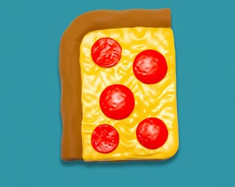 May include: A slice of pizza with a brown crust and yellow cheese, topped with five red pepperoni slices. The pizza is set against a teal background.