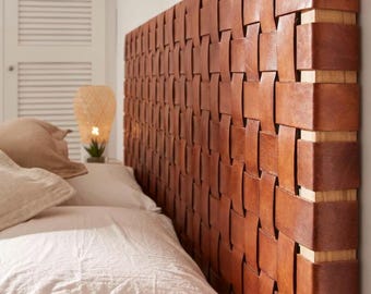 Geflochtenes Lederkopfteil | Handgemachte Minimalist Wand Kopfteil | Skandinavischer Stil Bett Rückteil | Naturleder Panel Dekor