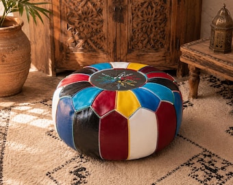 Handmade Colorful Moroccan Leather Pouf – Patchwork Ottoman, Boho Floor Cushion, Round Footstool Decor