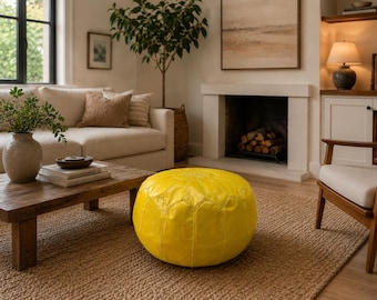 Yellow Moroccan Leather Pouf Ottoman – Handmade Boho Foot Stool Cushion