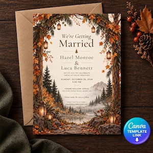 May include: A wedding invitation card featuring an autumn forest scene with hanging lanterns, pine trees, and a lake. The text reads: We're Getting Married, Hazel Monroe & Luca Bennett, invite you to celebrate their intimate wedding, Sunday, October 25, 2026, 3:30 PM, Cedar Hollow Lodge, 233 Pine Ridge Road, Bend, OR, Dinner under the stars to follow, kindly RSVP by October 1.