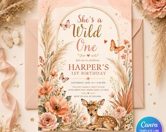 She's a Wild One Birthday Invitation, Boho Deer Girl 1st Birthday Invite, Floral Editable Canva Template