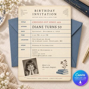 May include: A cream-colored birthday invitation designed like a vintage library checkout card. It features black and red text, a black-and-white photo of a child, and a small illustration of two books with a flower. The card includes event details.