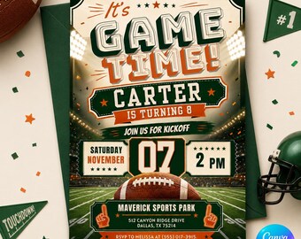 Football Birthday Invitation, Editable Game Time Boy Party Invite, Sports Tailgate Printable Canva Template