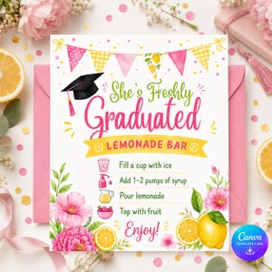 May include: A graduation-themed invitation with the text "She's Freshly Graduated Lemonade Bar." The design includes a graduation cap, pink and yellow banners, and instructions for making lemonade. Pink flowers and lemon slices decorate the edges.