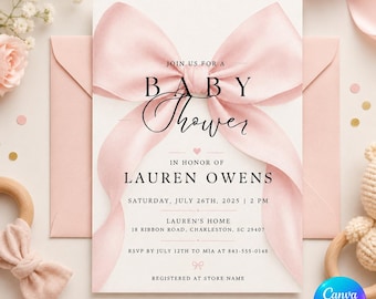 May include: A white baby shower invitation card featuring a large, soft pink satin ribbon bow tied in the center. The text reads: JOIN US FOR A BABY Shower IN HONOR OF LAUREN OWENS SATURDAY, JULY 26TH, 2025 | 2 PM LAUREN'S HOME 18 RIBBON ROAD, CHARLESTON, SC 29407.