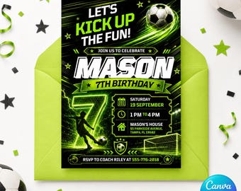 Soccer Birthday Invitation Editable, Boy Football Party Invite, Neon Green Sports Birthday Printable Canva Template