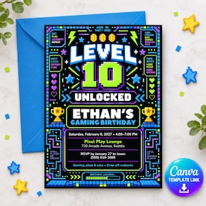 May include: A rectangular birthday invitation card with a black background and pixelated neon graphics. The text reads Level 10 Unlocked, Ethan's Gaming Birthday, Saturday, February 6, 2027, 4:00-7:00 PM, Pixel Play Lounge, 720 Arcade Avenue, Seattle.