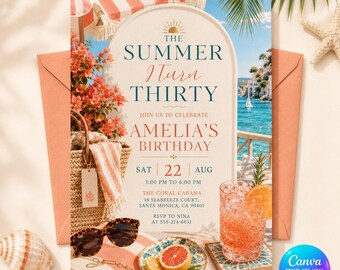30th Birthday Invitation, Summer I Turned Thirty Beach Party Invite, Editable Coastal Adult Birthday Canva Template