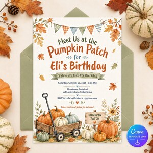 May include: A rectangular birthday invitation card featuring watercolor autumn leaves, bunting, and pumpkins. Text reads: Meet Us at the Pumpkin Patch for Eli's Birthday, Saturday, October 10, 2026, 5:00 PM, Moonbeam Party Loft, 128 Lantern Lane, Cedar Grove.