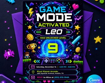 Video Game Birthday Invitation, Game Mode Activated Level Up Party Invite, Editable Printable Canva Template
