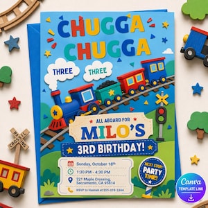 May include: A birthday invitation card featuring a colorful train on tracks with the text CHUGGA CHUGGA, THREE, ALL ABOARD FOR MILO'S 3RD BIRTHDAY, Sunday, October 18th, 1:30 PM - 4:30 PM, 221 Maple Crossing, Sacramento, CA 95814, and RSVP to 555-018-3344.
