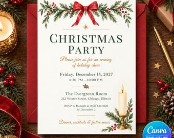 May include: A white Christmas party invitation card featuring a red bow, green pine branches, and red berries at the top. The text reads Christmas Party, Friday, December 15, 2027, 6:30 PM to 10:00 PM, The Evergreen Room, 212 Winter Street, Chicago, Illinois.