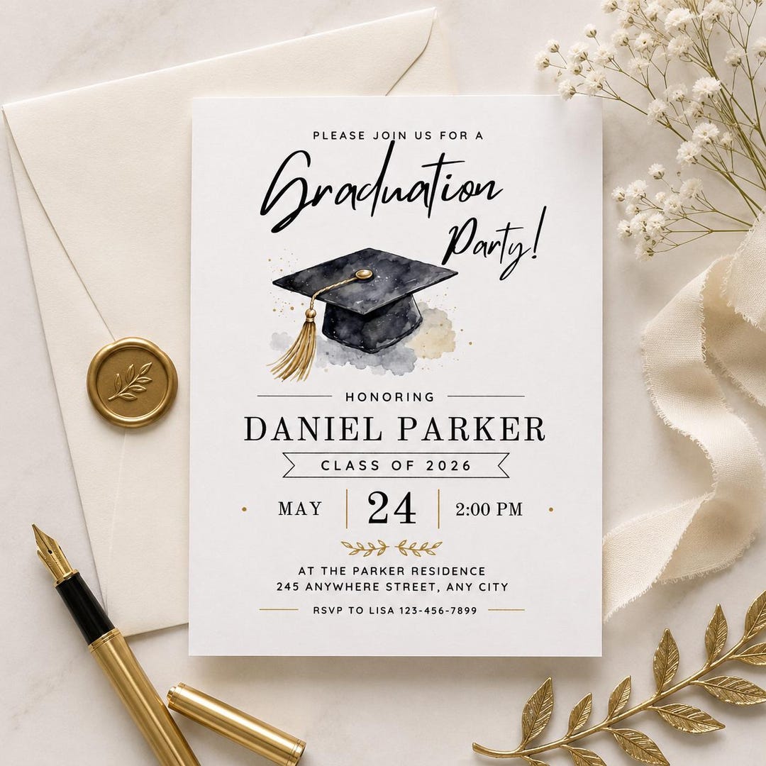 Grad Party Invite Script Graduation Party Invitation, Modern Script Graduation Invite, Canva ...